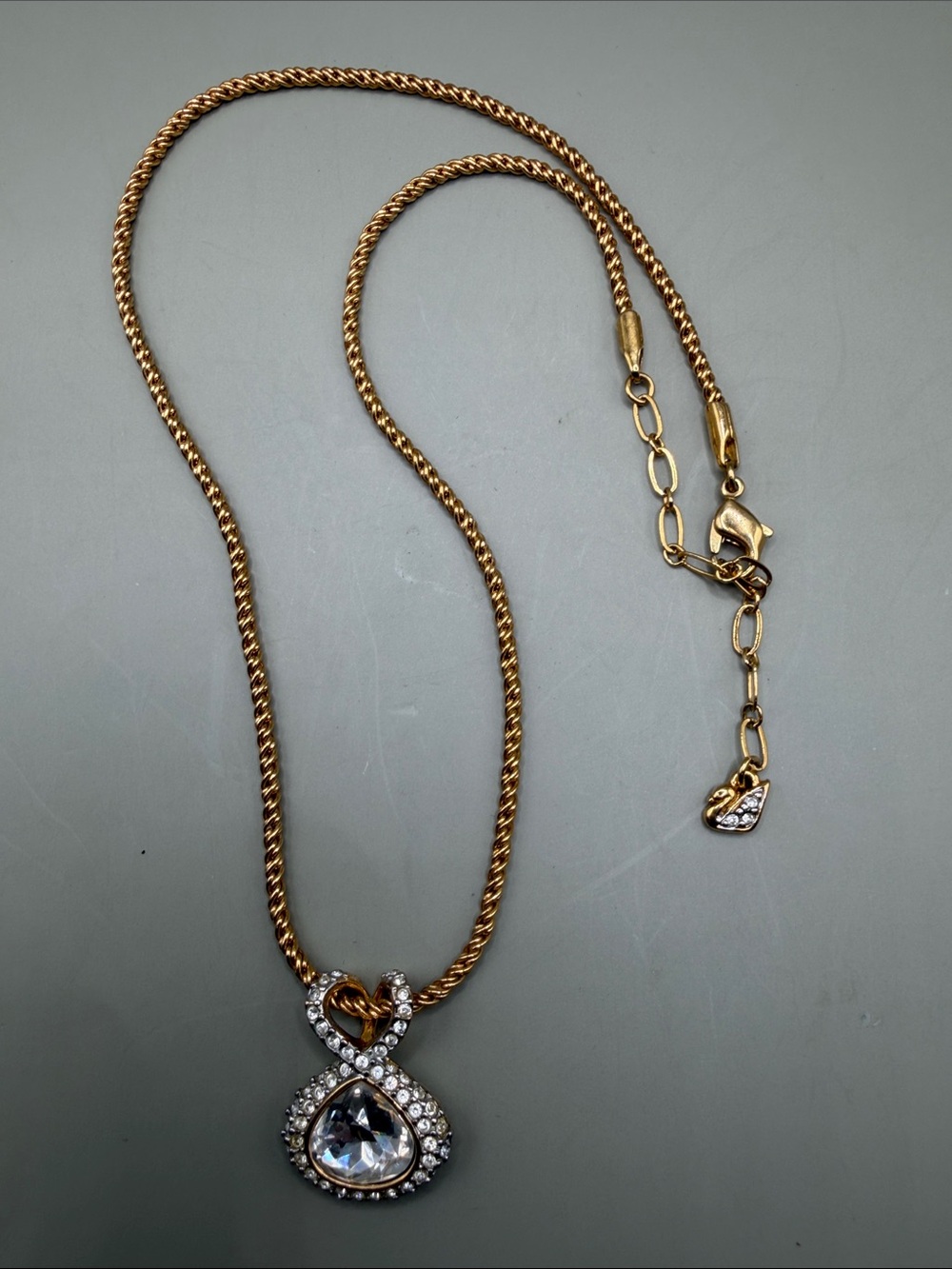 Vintage Swarovski Crystal Pendant Necklace, Clear Teardrop Pendant 16 inches